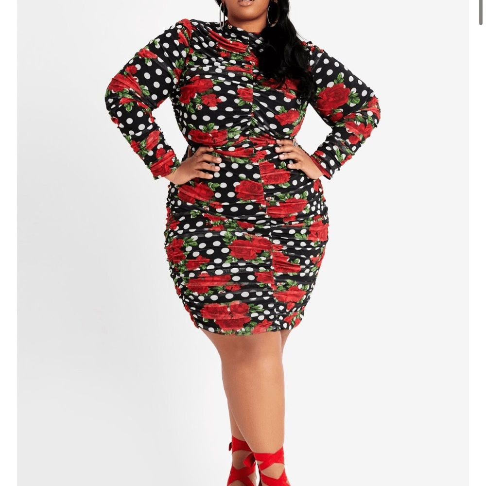 Ashley Stewart Black and Red Floral Polka Dot Dress